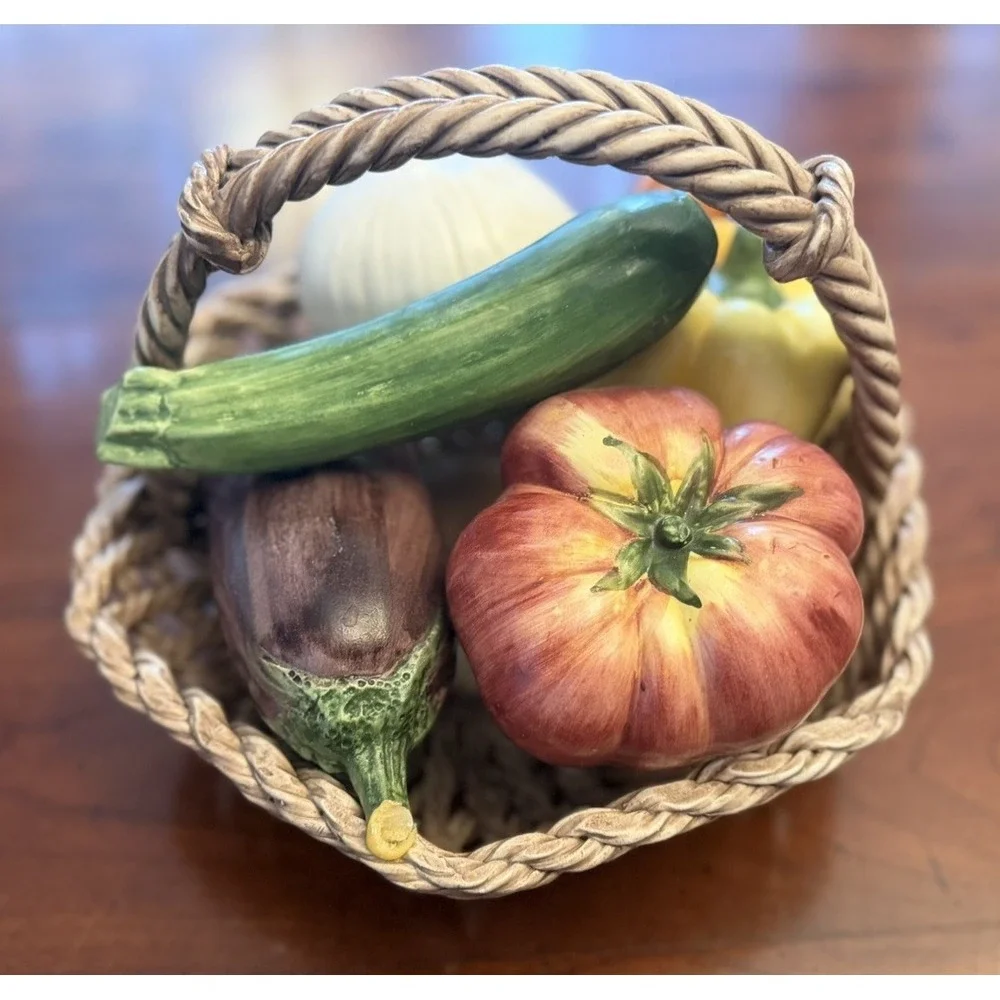 Vintage Italian Ceramic Rope Basket Vegetable Centerpiece Tomato Eggplant